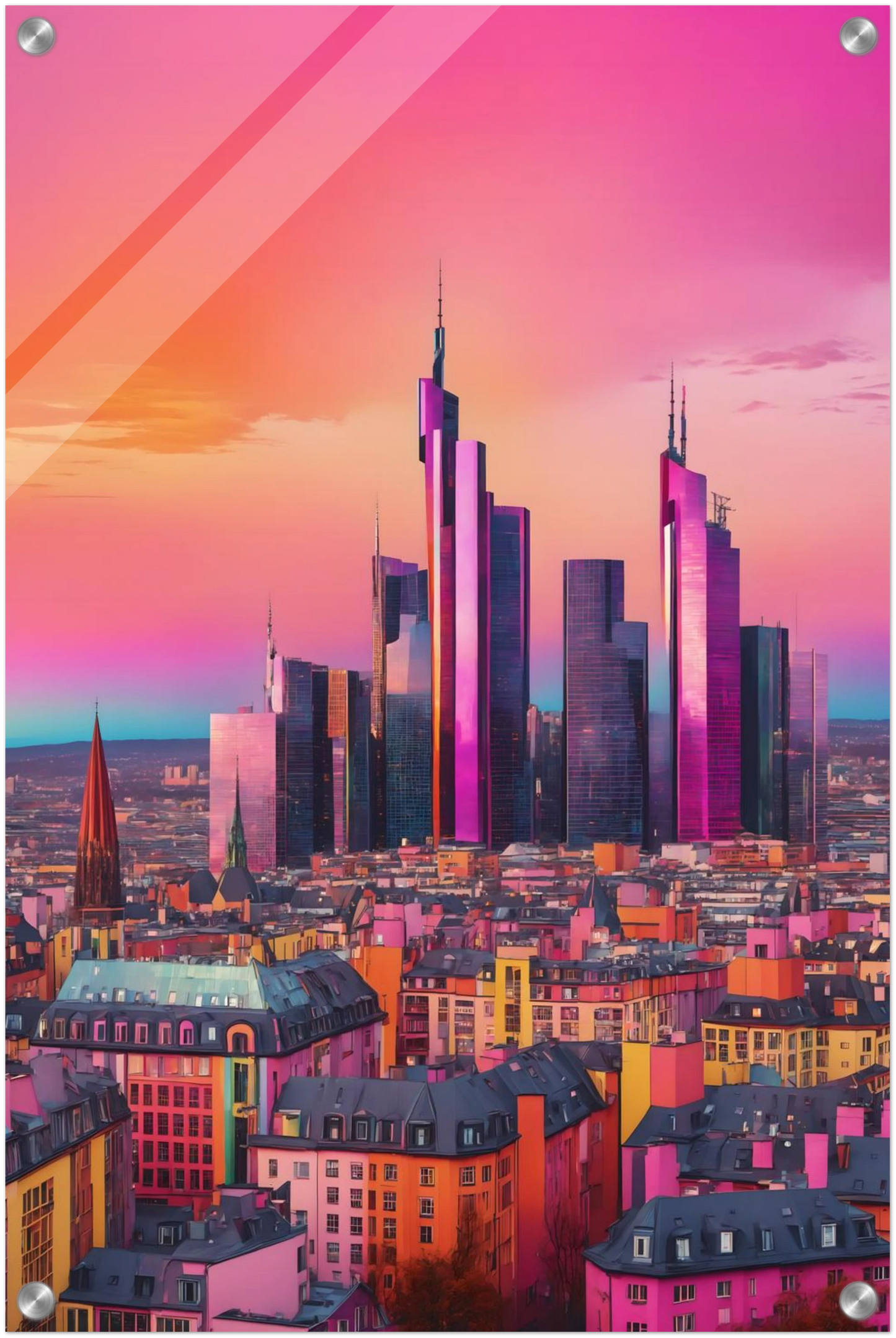 Buntes Wandbild der Frankfurter Skyline in intensiven Pink- und Violetttönen im modernen Pop-Art-Illustrationsstil. 40x60 cm. Acryl