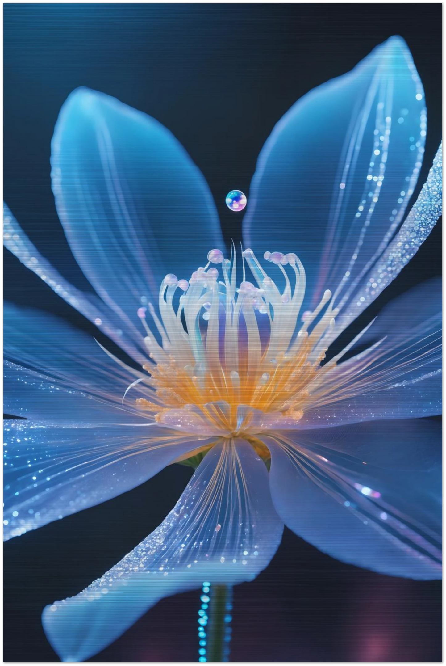 Digitales Wandbild einer blau leuchtenden Blüte mit goldenem Kern und schimmernden Lichtpartikeln auf dunklem Grund. 40x60 cm. Brushed