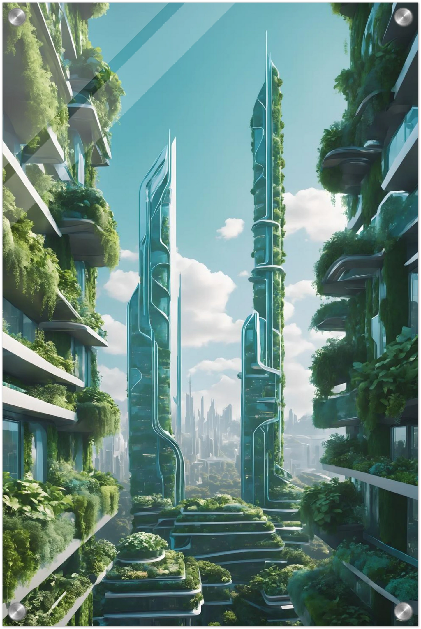 Digitales Kunstwerk einer futuristischen Stadt mit extrem hohen, schlanken Wolkenkratzern, die über und über mit grünen Pflanzen bewachsen sind. 40x60 cm. Acryl