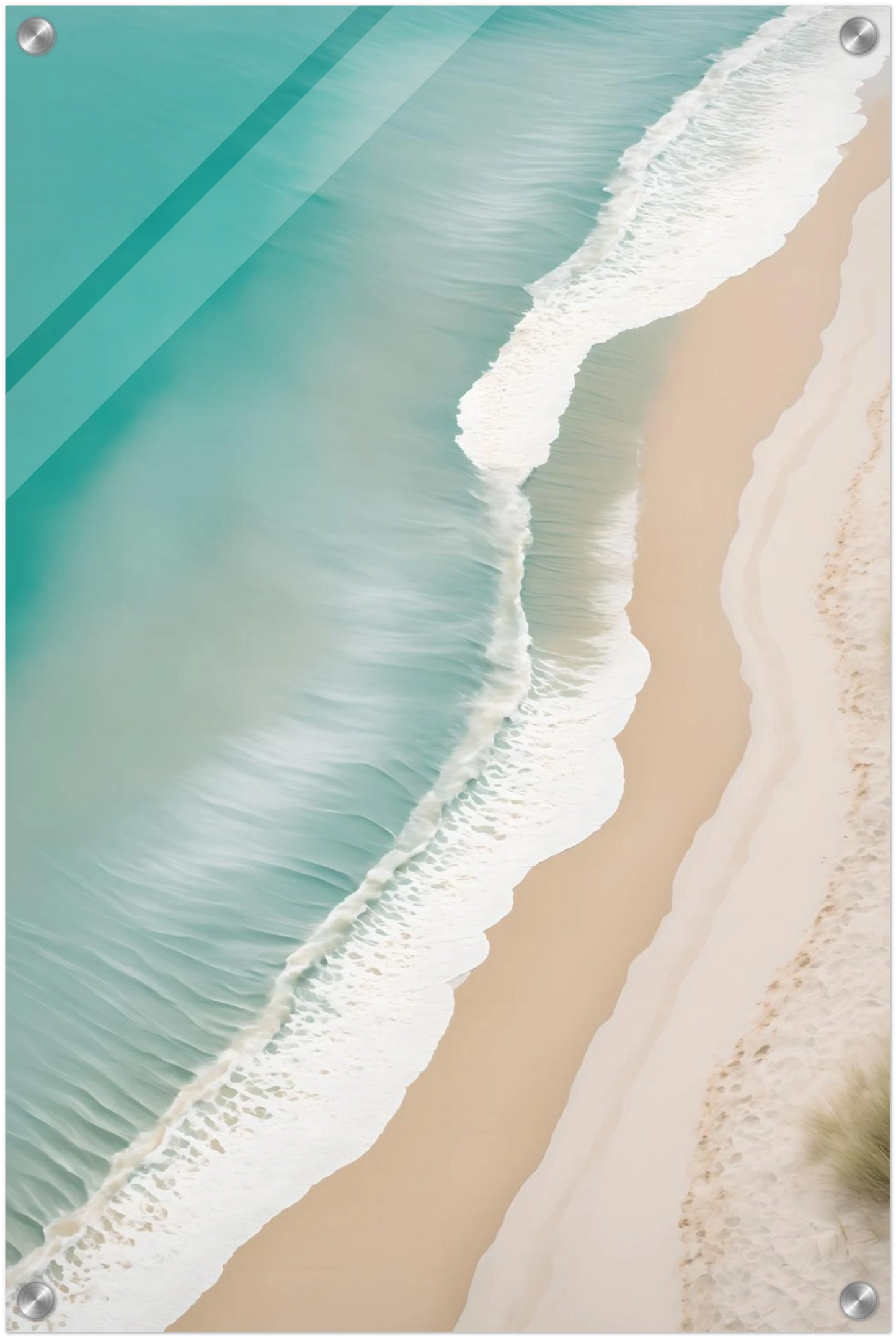 Traumhaftes Strand-Wandbild: Türkisfarbenes Meer und weißer Sand aus der Luftaufnahme. Minimalistisches Küsten-Design für Ihr Zuhause. Jetzt online kaufen! 40x60 cm. Acryl