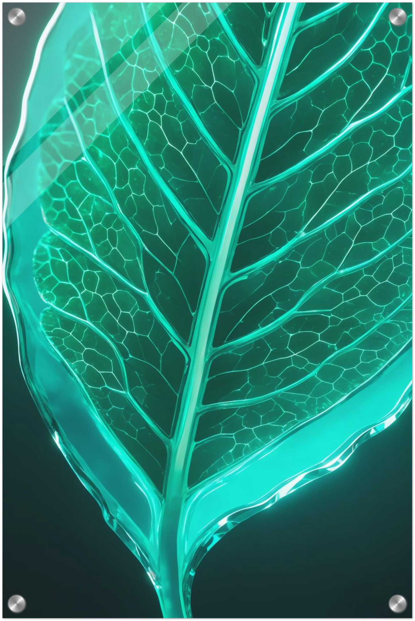 Modernes Wandbild eines leuchtenden, türkisfarbenen Blattes in transparenter Glas-Optik mit sichtbaren Blattadern. 40x60 cm. Acryl
