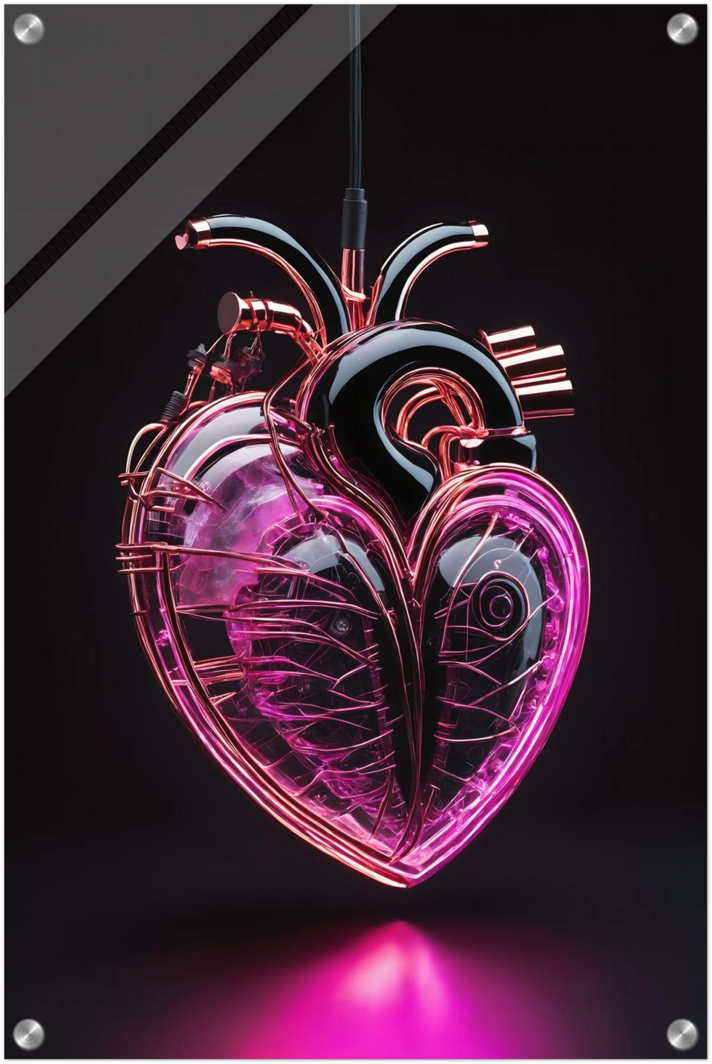 Digitales Kunstwerk eines anatomischen Herzens mit leuchtend pinken Neon-Strukturen und glänzenden schwarzen Oberflächen auf dunklem Grund. 40x60 cm. Acryl