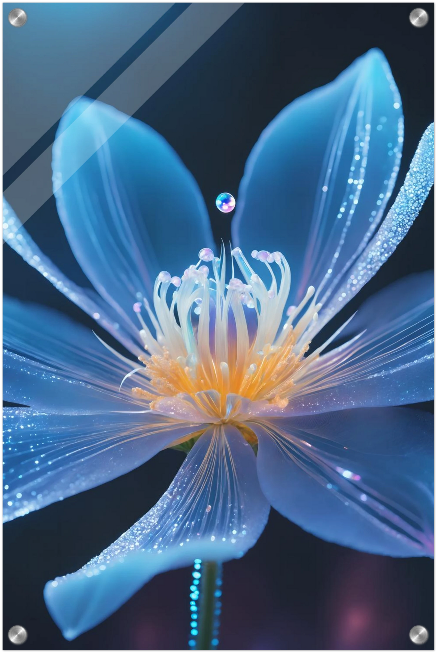 Digitales Wandbild einer blau leuchtenden Blüte mit goldenem Kern und schimmernden Lichtpartikeln auf dunklem Grund. 40x60 cm. Acryl