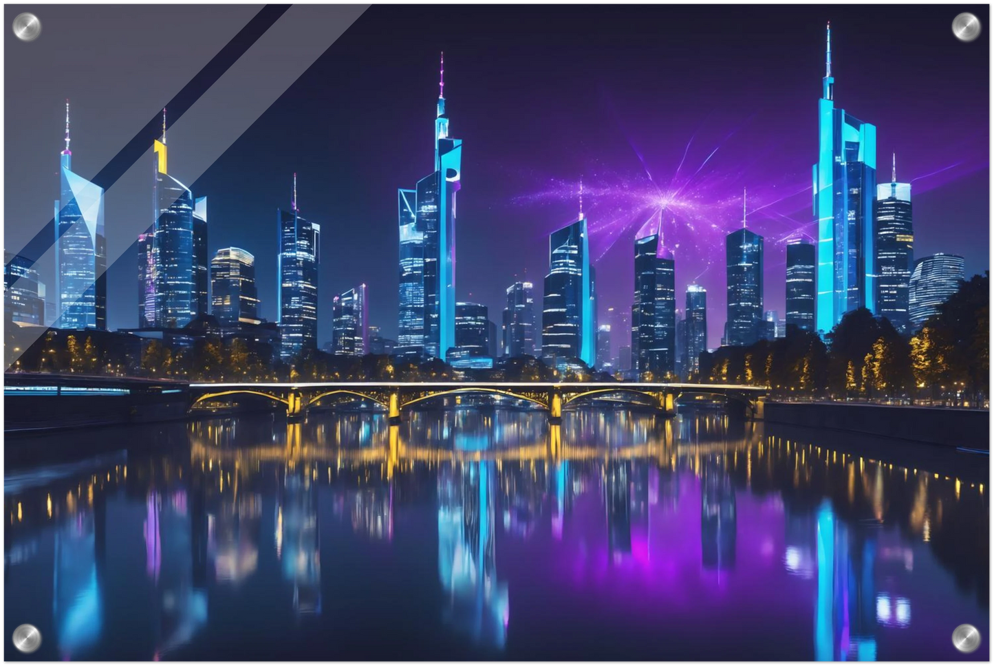 Modernes Wandbild der Frankfurter Skyline bei Nacht mit beleuchteten Wolkenkratzern und violetten Lichteffekten am Himmel. 40x60 cm. Acryl