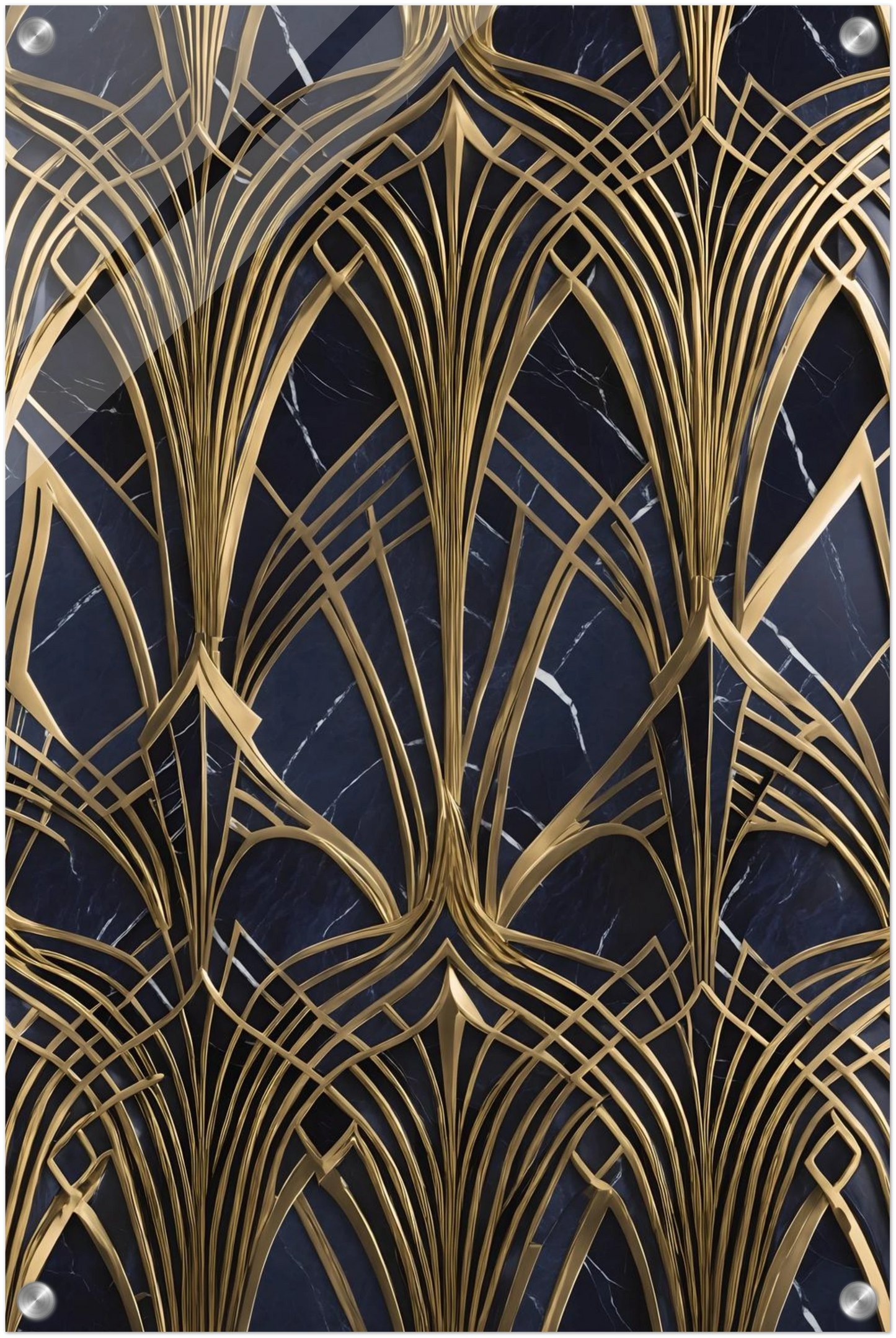 Modernes Wandbild mit goldenen, symmetrischen Art-Déco-Bögen auf einem dunkelblauen, marmorierten Hintergrund. 40x60 cm. Acryl