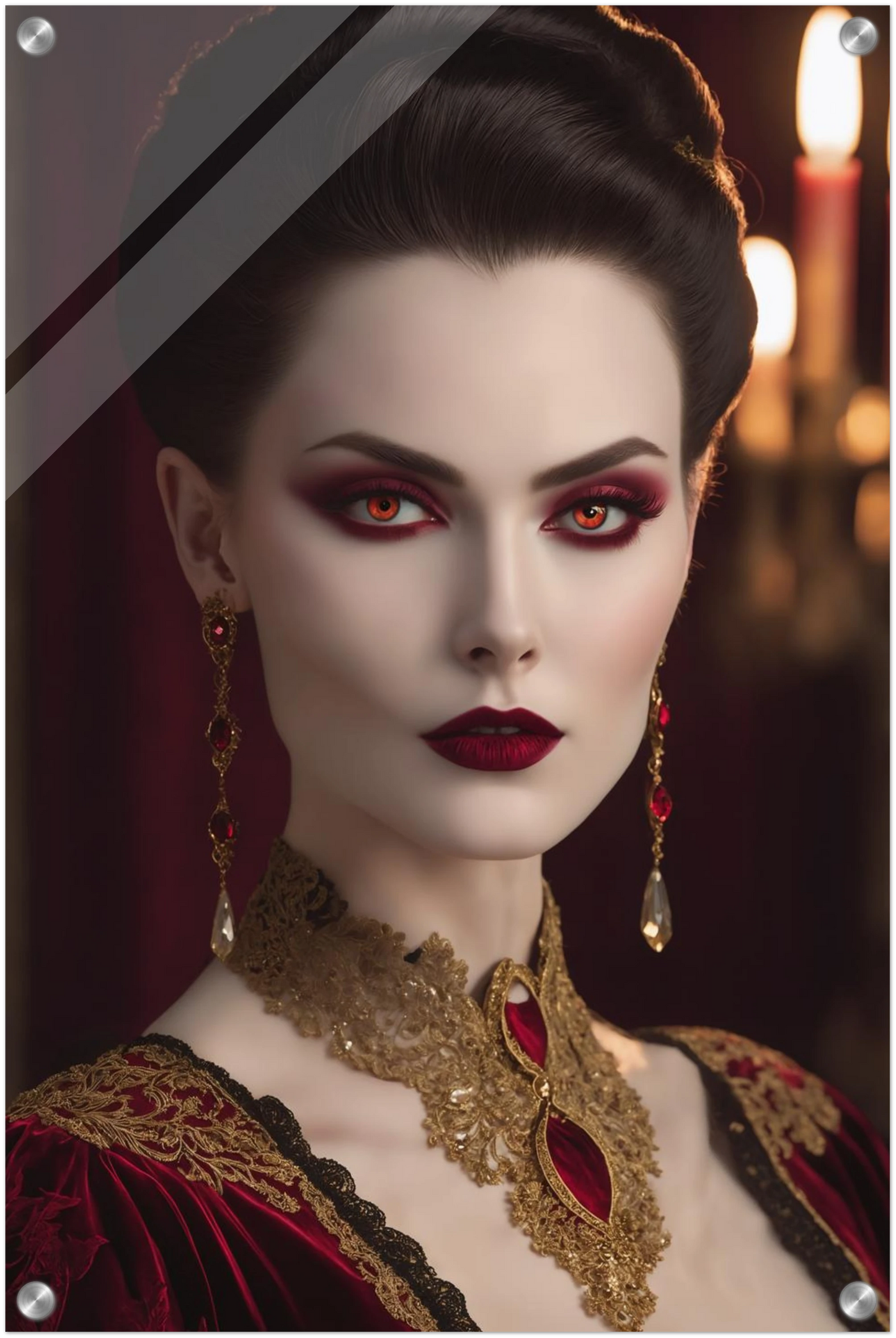 Digitales Porträt einer Frau im Gothic-Stil mit rot leuchtenden Augen, dunklem Haar und opulentem gold-rotem Halsschmuck. 40x60 cm. Acryl