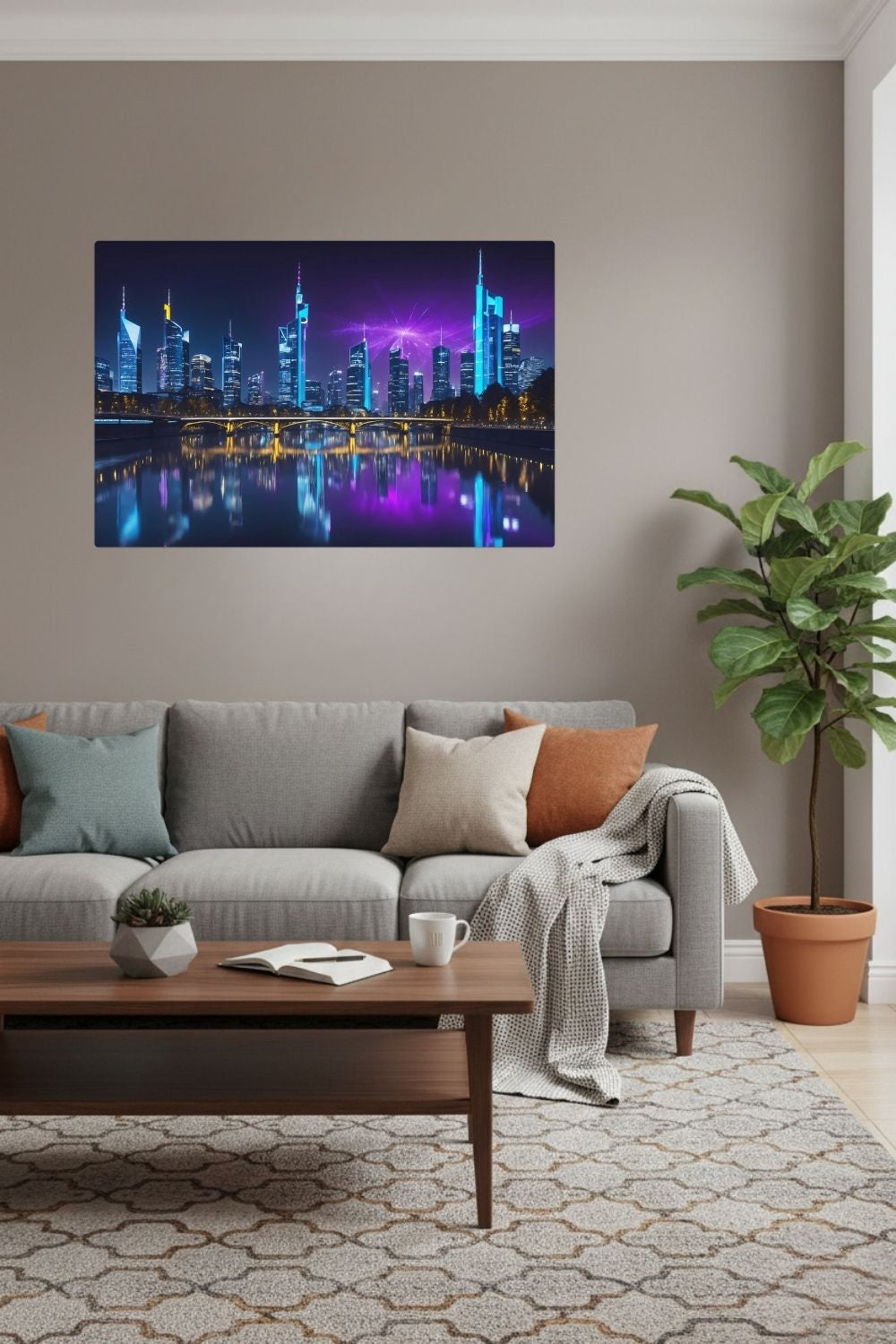 Futuristisches Wandbild der Frankfurter Skyline bei Nacht mit neonblauen Hochhäusern und violetten Lichtreflexionen auf dem Main. Dibond