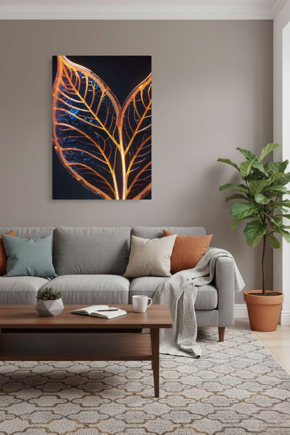 Abstraktes Wandbild mit einer großen goldenen Feder inmitten von fließenden Farbwirbeln in Smaragdgrün und Magenta. Brushed