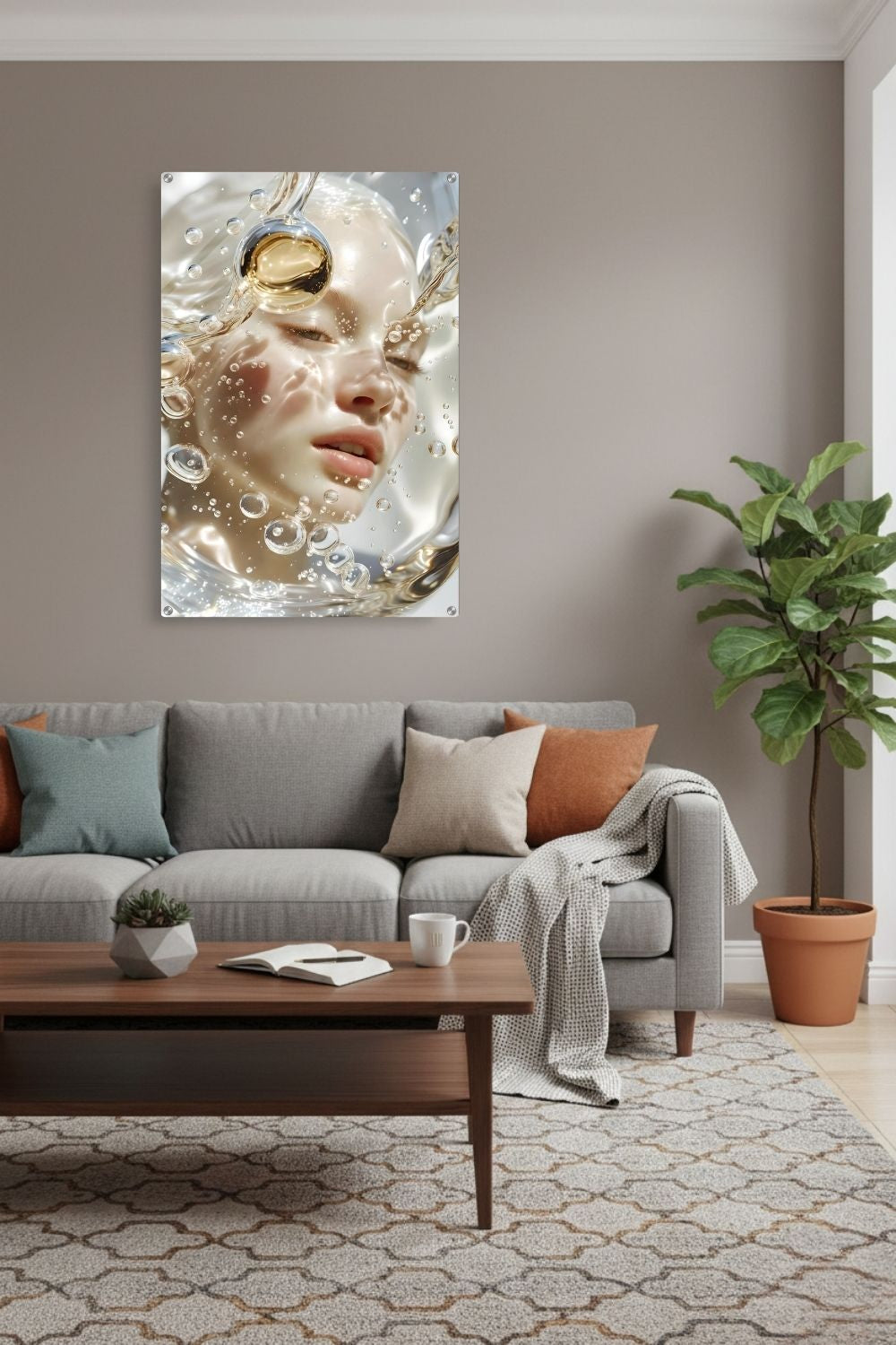 Surreales Porträt einer Frau hinter klarem Wasser mit vielen aufsteigenden Luftblasen, Wassertropfen und hellen Lichtreflexen. Acryl