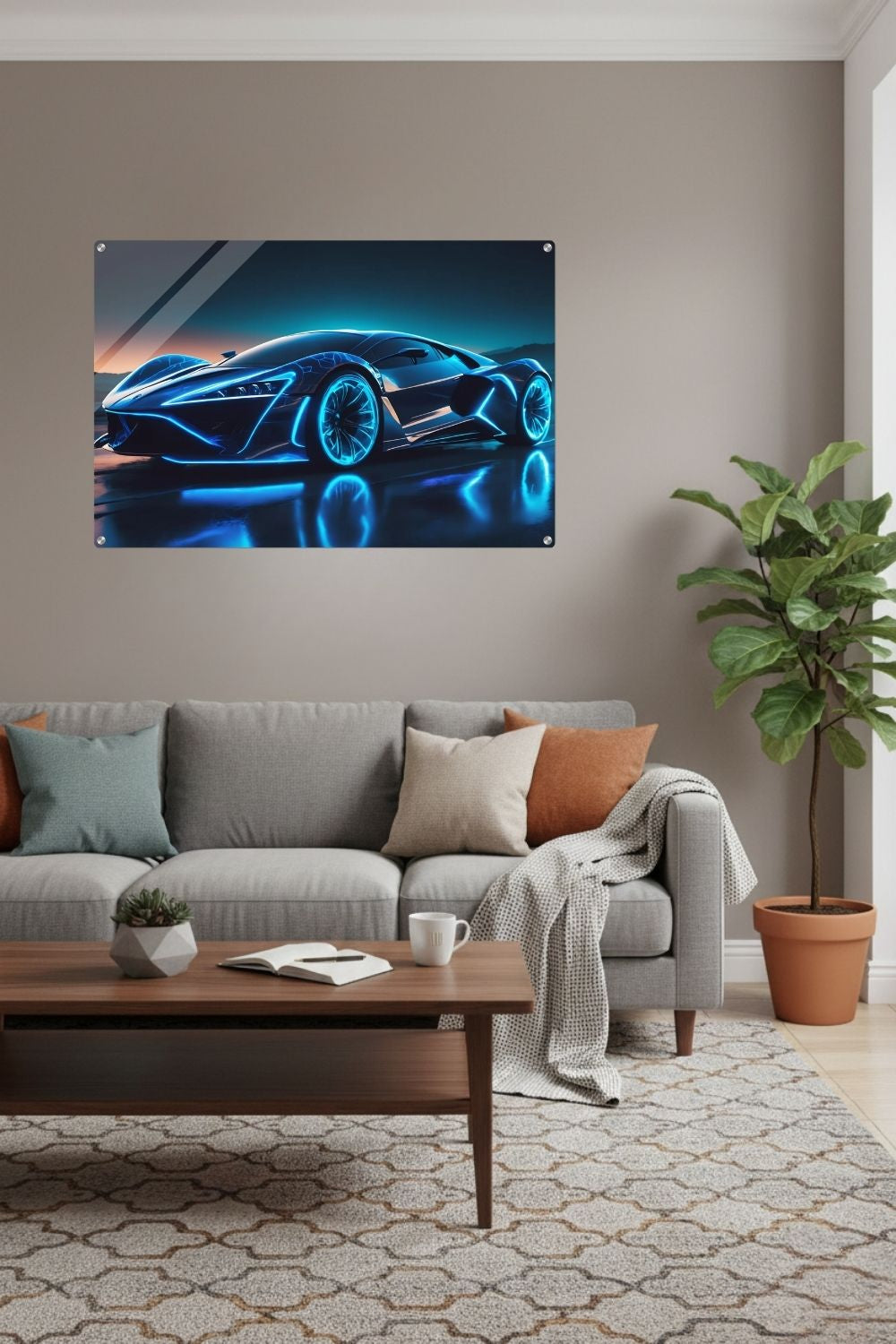 Futuristisches Hypercar-Wandbild in Schwarz mit leuchtend blauen Neon-Konturen und glühenden Felgen auf nasser Fahrbahn bei Nacht. 60x90 cm. Acryl