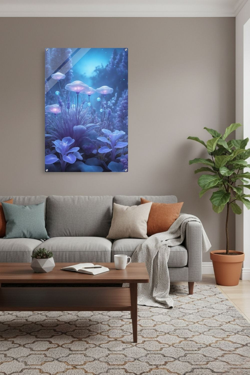 Digitales Kunstwerk einer fantastischen Waldlandschaft mit biolumineszenten, blau leuchtenden Pilzen und Blumen in sanftem Licht. Acryl