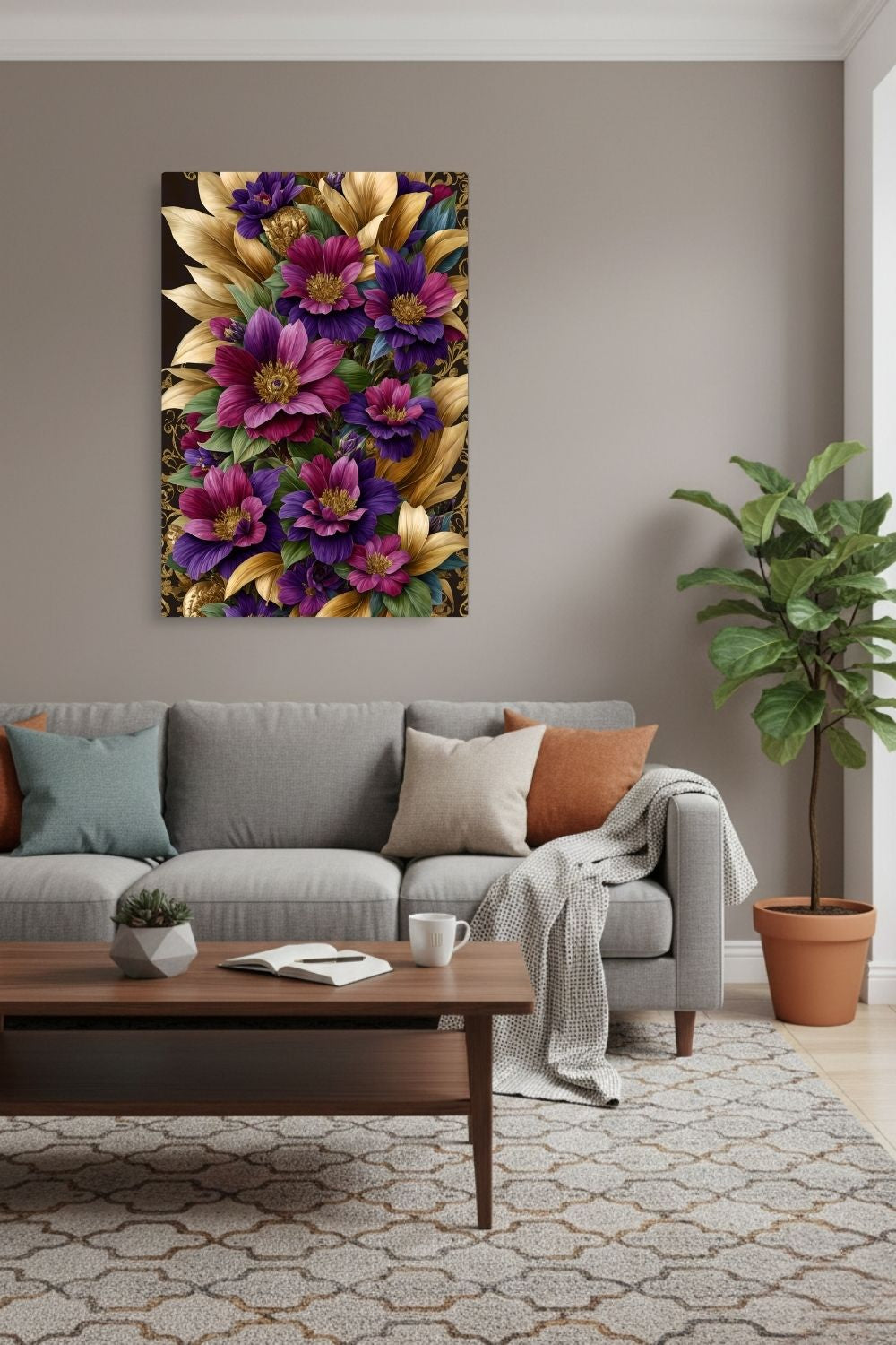 Florale Pracht trifft auf Luxus: „Imperial Blossom“ fasziniert durch goldene Blätter & violette Blüten. Jetzt als exklusives Wandbild bei Gudekind entdecken. Dibond