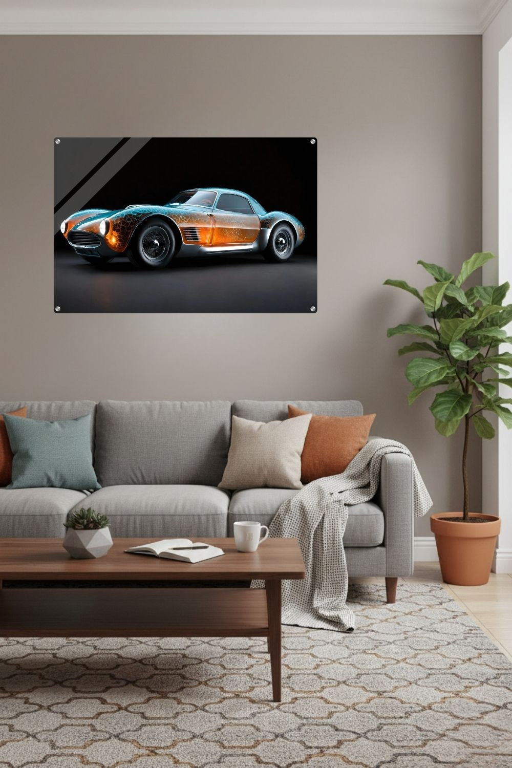 Digitales Kunstwerk eines klassischen Sportwagens mit einer transparenten, bernsteinfarbenen Karosserie und blauen Lichtreflexen. Acryl