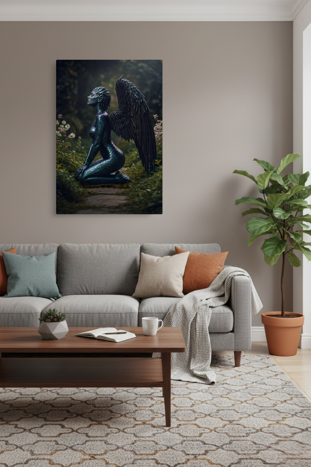 Detailreiches Porträt einer Frau, deren Haut an Wangen und Hals in grüne und goldene Drachenschuppen übergeht. Brushed