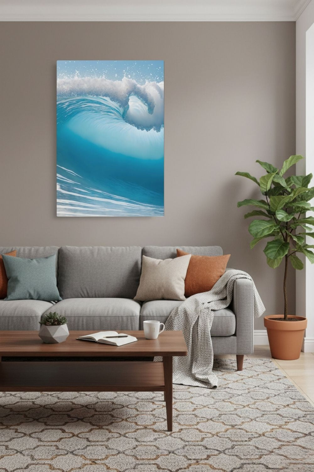 Hochwertiges Wandbild einer großen, brechenden Meereswelle in hellem Türkis mit weißer Gischt unter klarem Himmel. Dibond