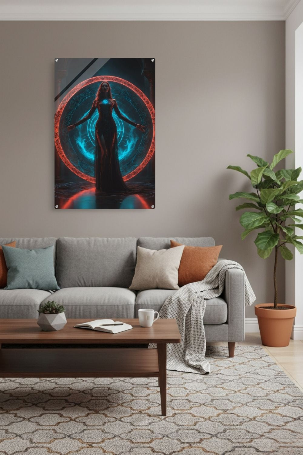 Mystisches Wandbild einer Frau in dunkler Robe vor einem glühenden rot-blauen Portal in einer dunklen Tempelhalle, Fantasy-Kunst-Stil. Acryl