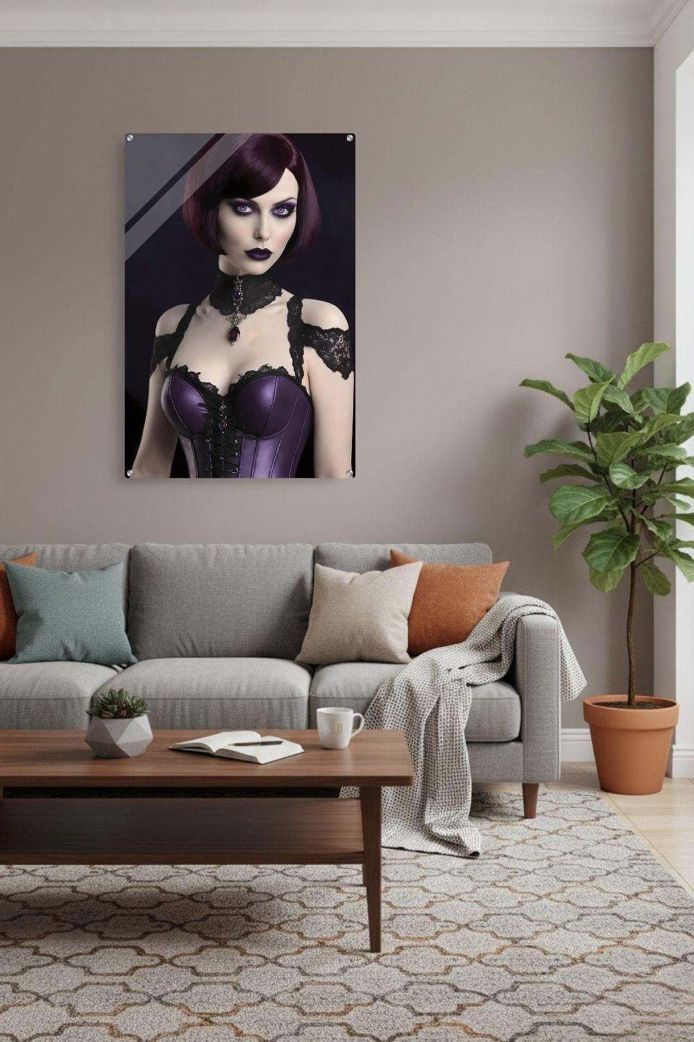 Edles Porträt einer Frau im Gothic-Stil mit violetten Augen, lila Satin-Korsett und schwarzer Spitze vor dunklem Hintergrund. Acryl