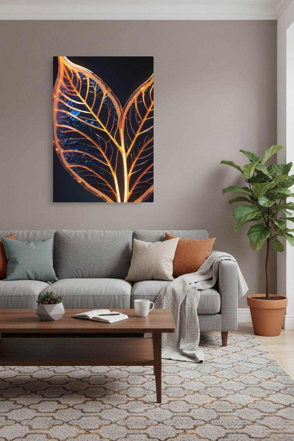 Abstraktes Wandbild mit einer großen goldenen Feder inmitten von fließenden Farbwirbeln in Smaragdgrün und Magenta. Dibond