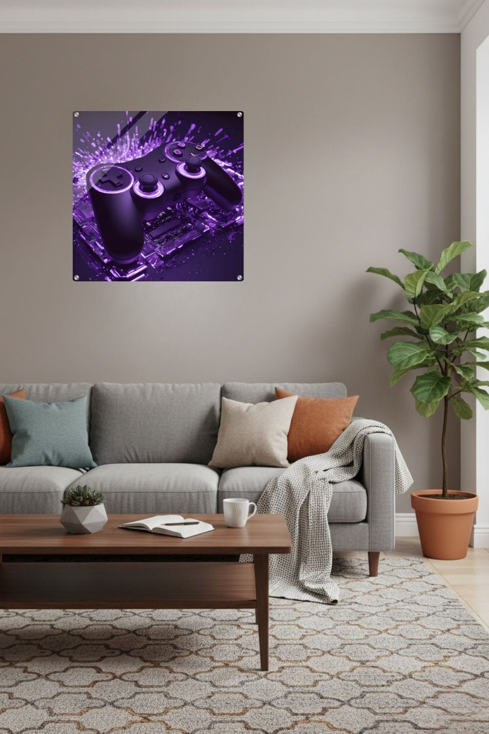 Modernes Gaming-Wandbild mit einem schwarzen Controller, der von violettem Neonlicht und Lichtpartikeln umgeben ist. Acryl