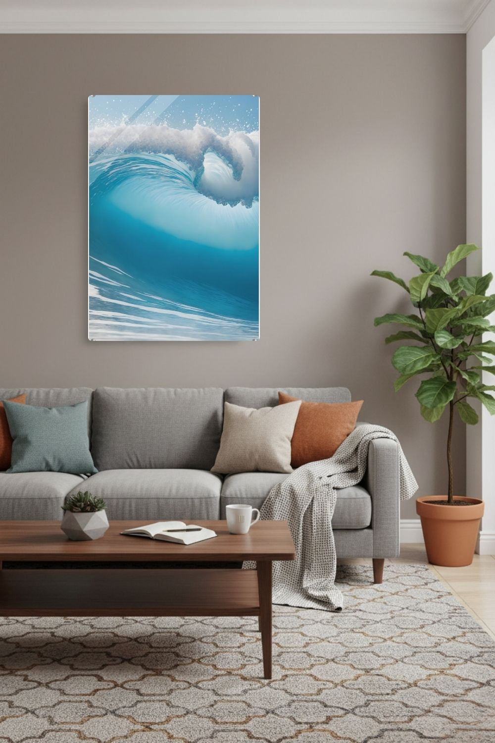 Hochwertiges Wandbild einer großen, brechenden Meereswelle in hellem Türkis mit weißer Gischt unter klarem Himmel. Acryl