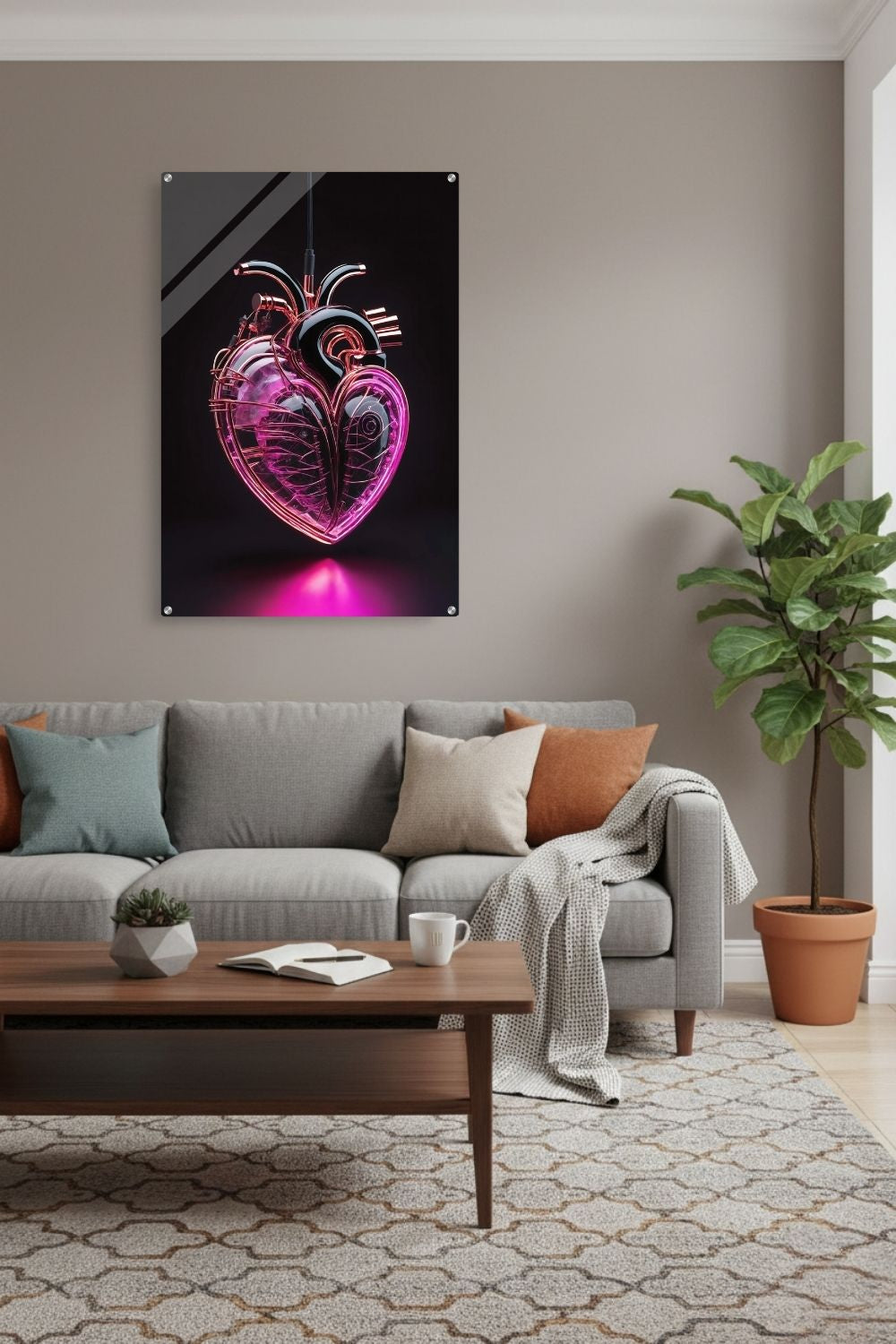 Digitales Kunstwerk eines anatomischen Herzens mit leuchtend pinken Neon-Strukturen und glänzenden schwarzen Oberflächen auf dunklem Grund. Acryl