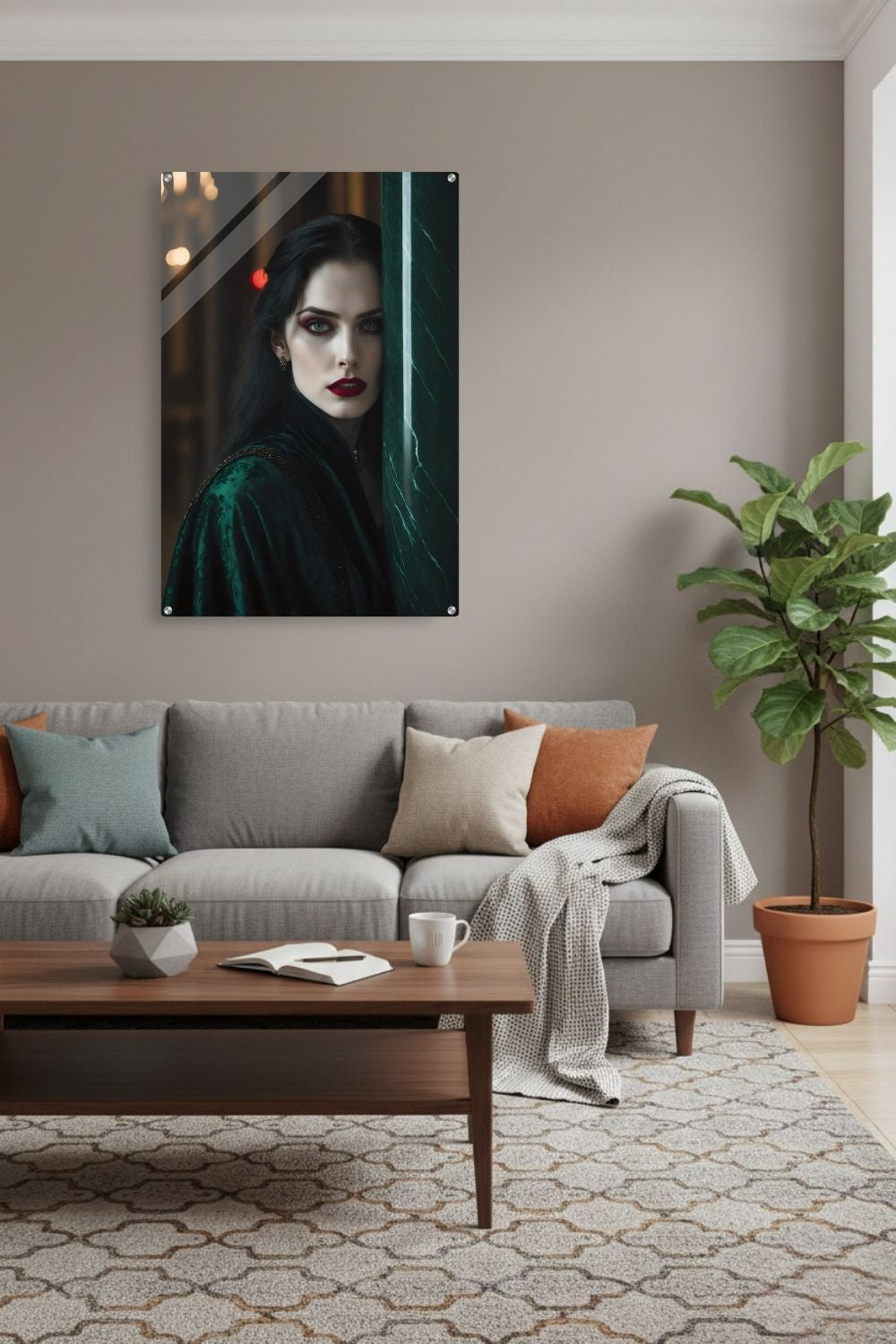 Aristokratisches Porträt einer Frau in grünem Samt an einer Marmorsäule mit roten Lippen. Acryl