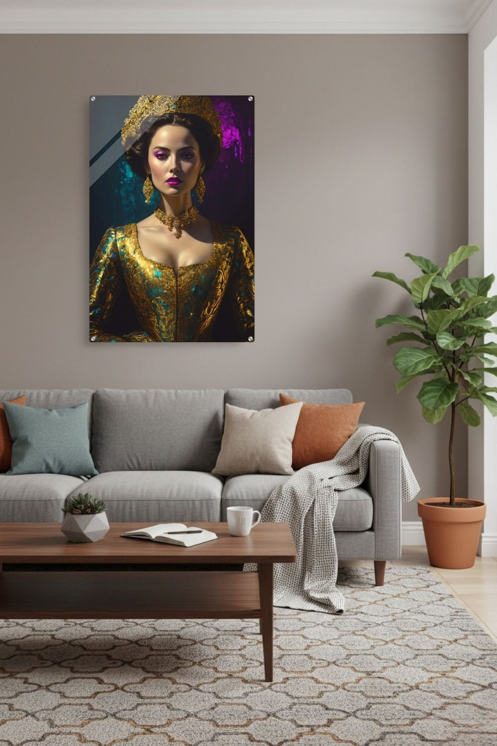 Digitales Porträt einer barocken Königin in Gold und Türkis mit deutlich sichtbaren, künstlerischen Glitch-Effekten und Pixelfehlern. Acryl