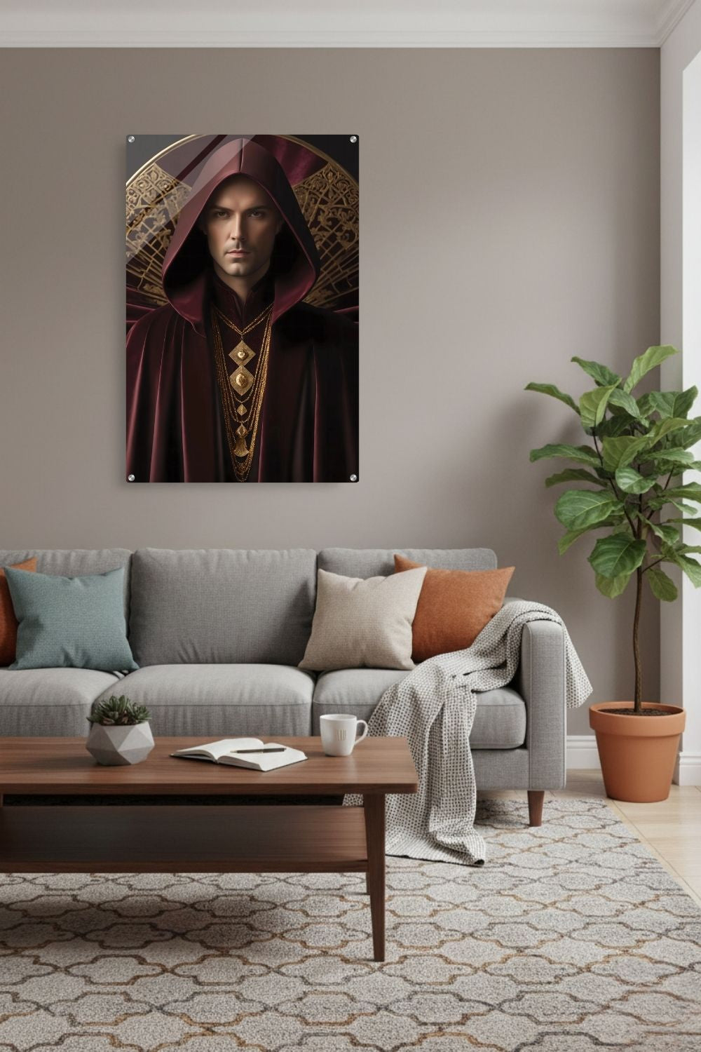 Digitales Kunstwerk einer männlichen Gestalt mit purpurner Kapuze, goldenen Ketten und kunstvollem Hintergrund. Acryl