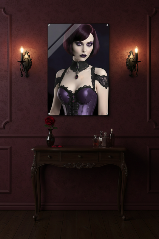 Edles Porträt einer Frau im Gothic-Stil mit violetten Augen, lila Satin-Korsett und schwarzer Spitze vor dunklem Hintergrund. Acryl