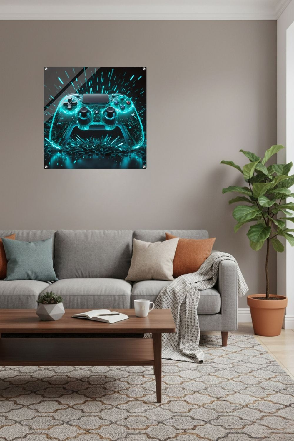 Futuristisches Wandbild eines transparenten Gaming-Controllers, der von innen heraus in hellem Cyan-Blau leuchtet, vor einem dunklen Hintergrund mit Lichteffekten. Acryl