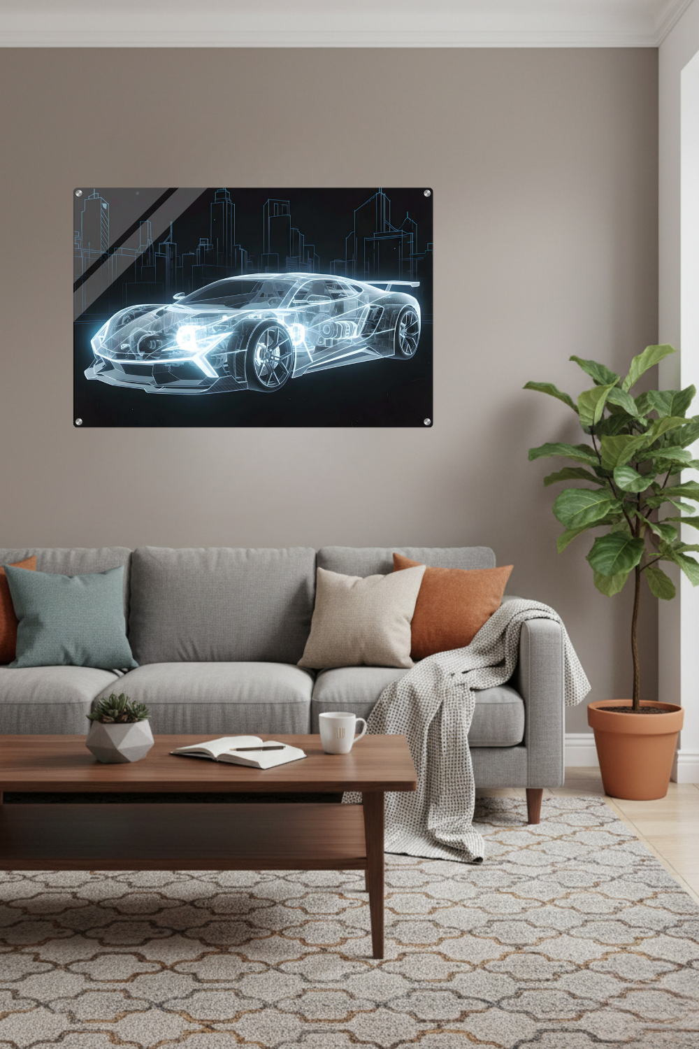 Futuristisches Wandbild eines transparenten, blau leuchtenden Supersportwagens in Blueprint-Optik vor einer skizzierten Stadt-Skyline. Acryl