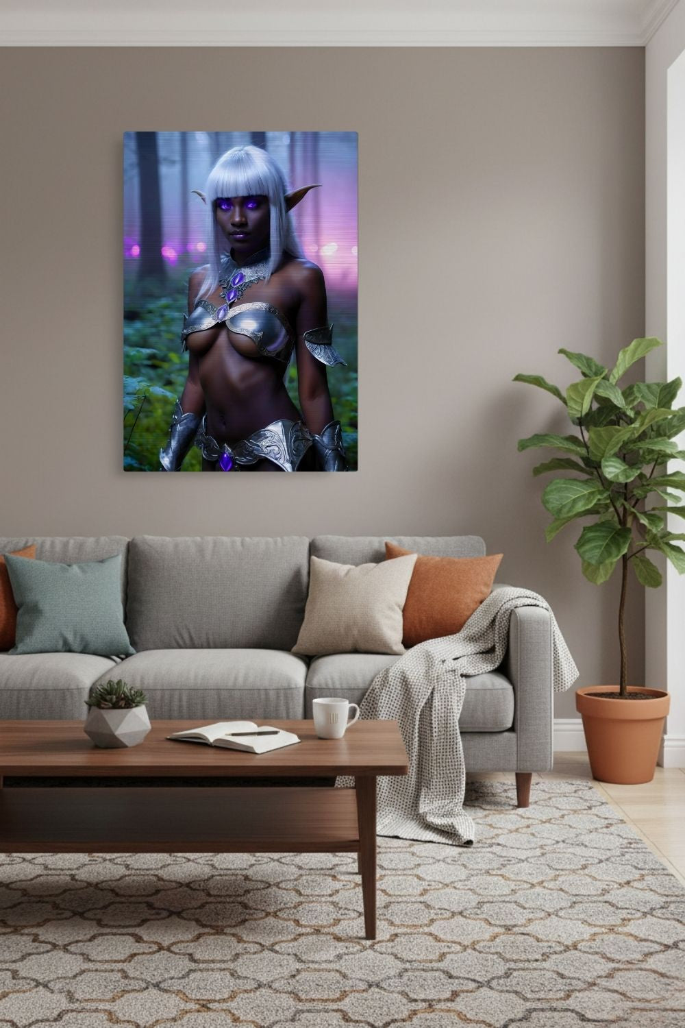 Mystisches Porträt einer Dunkelelfin mit platinweißem Haar, leuchtend violetten Augen und einer silbernen Rüstung in einem nebligen Wald. Brushed