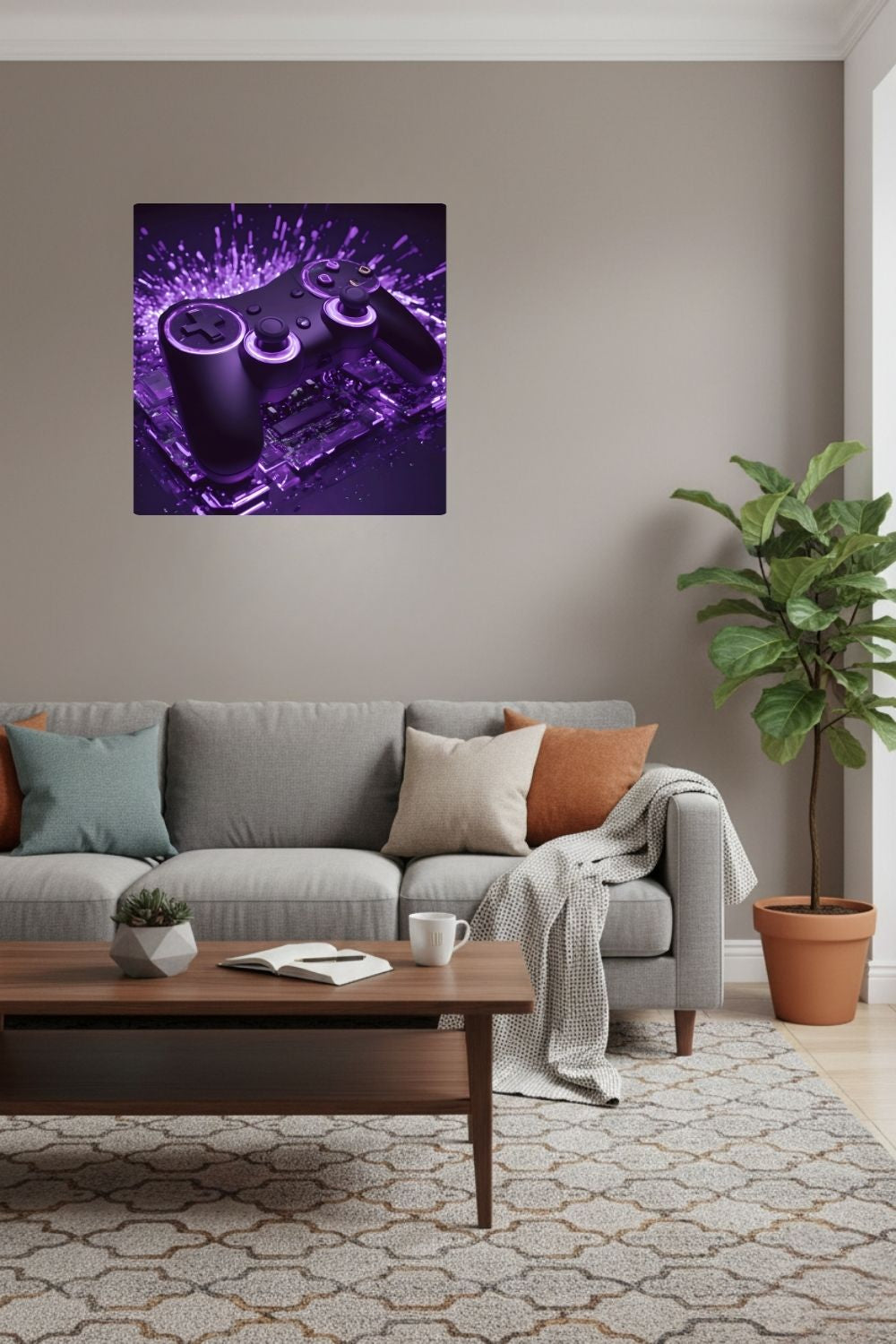 Modernes Gaming-Wandbild mit einem schwarzen Controller, der von violettem Neonlicht und Lichtpartikeln umgeben ist. Dibond