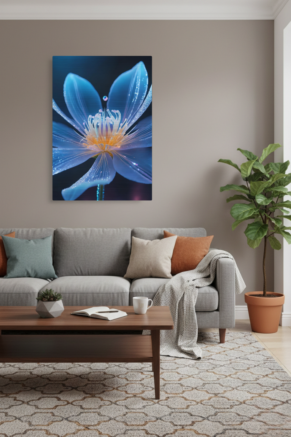 Digitales Wandbild einer blau leuchtenden Blüte mit goldenem Kern und schimmernden Lichtpartikeln auf dunklem Grund. Brushed