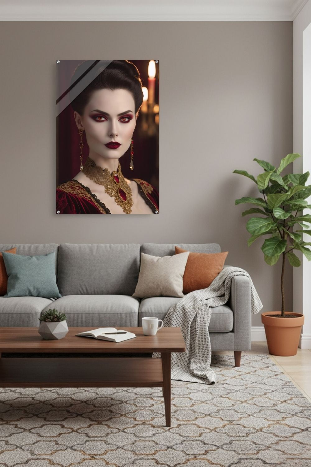 Elegantes Porträt einer Frau im aristokratischen Stil mit roten Augen, rotem Samtkleid und opulentem Goldschmuck vor einem dunklen Hintergrund. Acryl