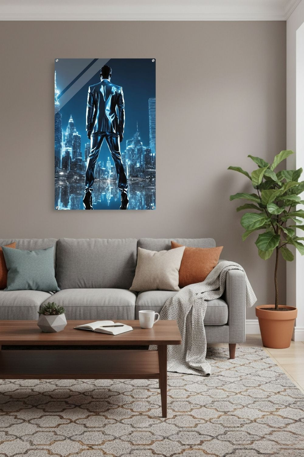 Erfolg visualisiert: „Liquid Ambition“ zeigt einen Mann in Metall-Optik vor einer strahlenden Skyline. Kraftvolle Kunst für Ihr Büro bei Gudekind. Acryl