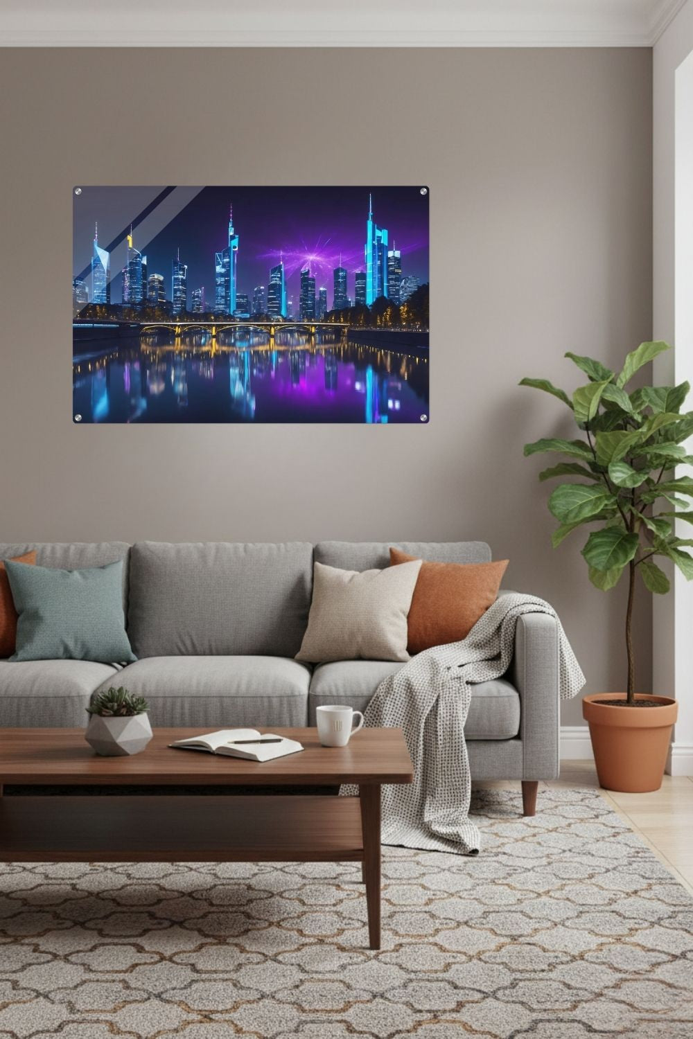 Futuristisches Wandbild der Frankfurter Skyline bei Nacht mit neonblauen Hochhäusern und violetten Lichtreflexionen auf dem Main. Acryl
