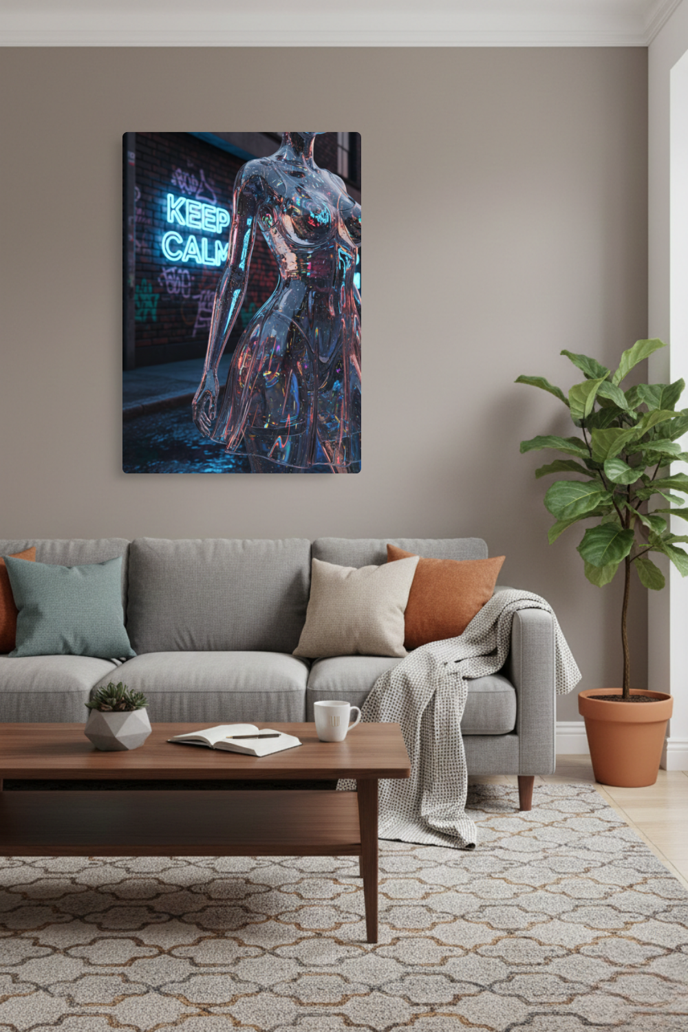 Wandbild einer transparenten Frauenfigur aus Glas vor einer Backsteinwand mit blauem 'Keep Calm' Neonschild. Acryl