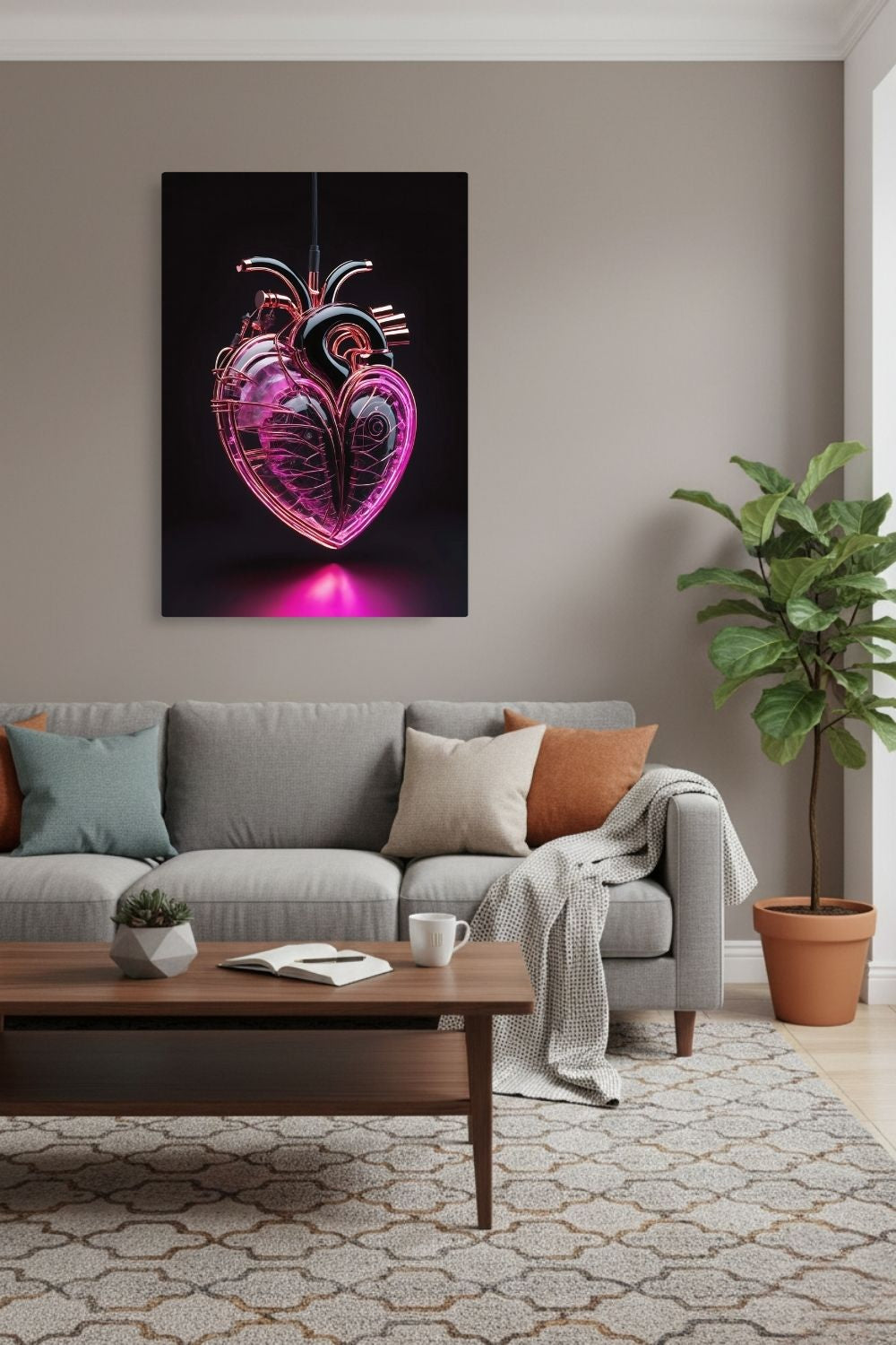 Digitales Kunstwerk eines anatomischen Herzens mit leuchtend pinken Neon-Strukturen und glänzenden schwarzen Oberflächen auf dunklem Grund. Dibond