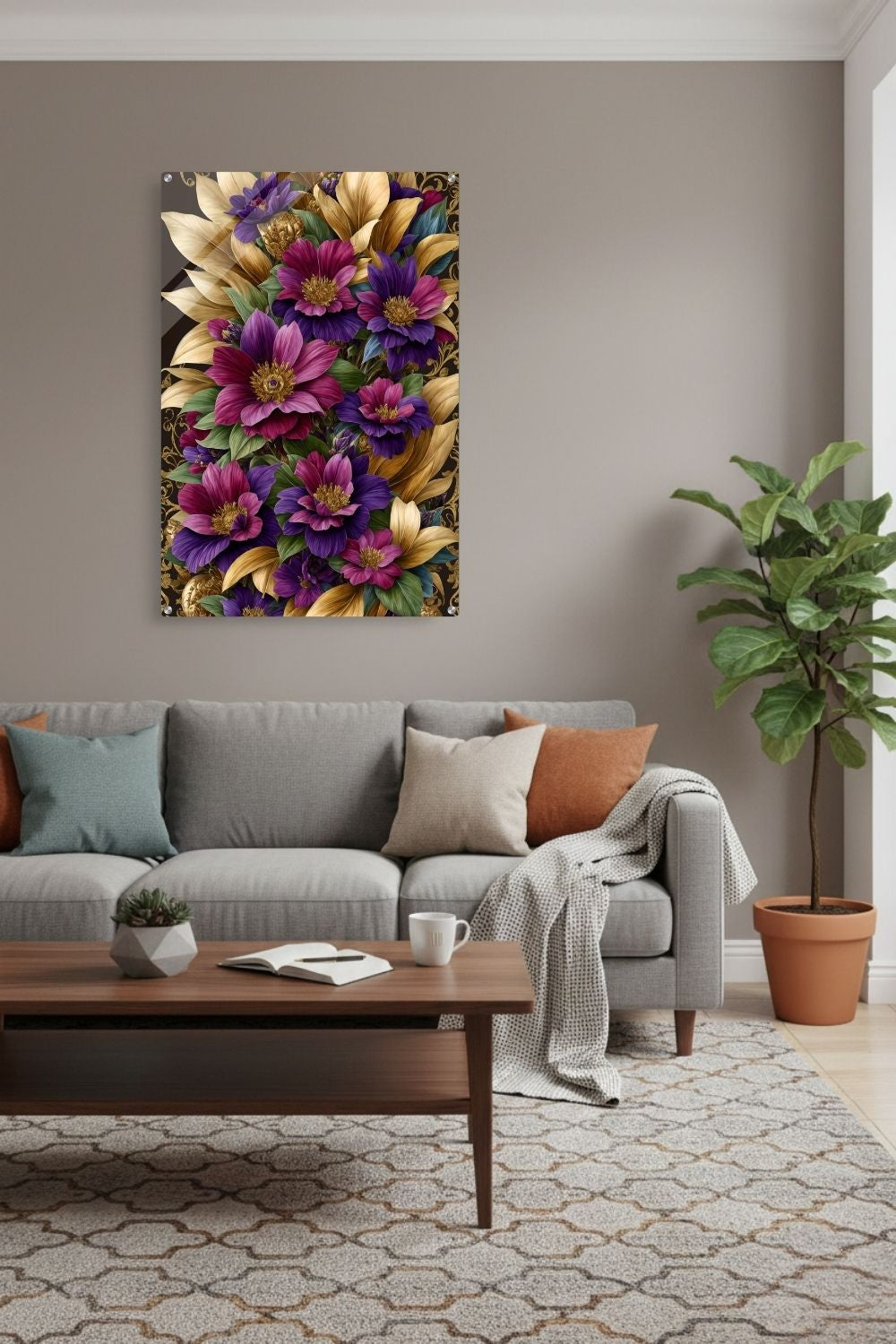 Florale Pracht trifft auf Luxus: „Imperial Blossom“ fasziniert durch goldene Blätter & violette Blüten. Jetzt als exklusives Wandbild bei Gudekind entdecken. Acryl