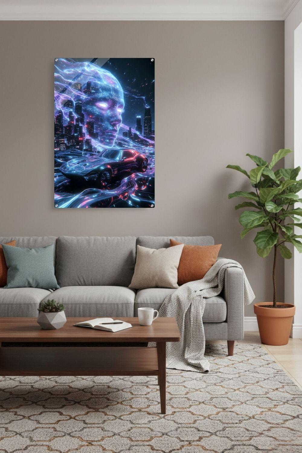 Cyberpunk-Wandbild mit einem Sportwagen auf leuchtenden Datenbahnen vor einer Skyline und dem digitalen Gesicht einer künstlichen Intelligenz. Acryl