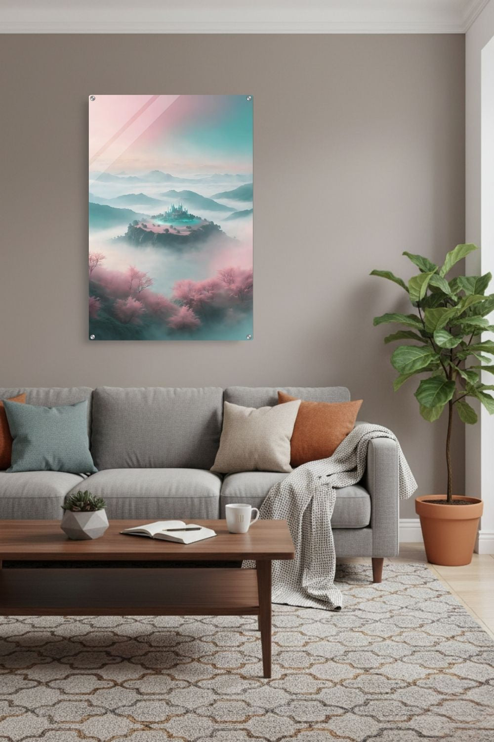 Ein Ort der Ruhe: „Celestial Sanctuary“ zeigt ein magisches Schloss über den Wolken in Rosé & Türkis. Exklusive Fantasy-Kunst für Ihr Zuhause bei Gudekind. Acryl