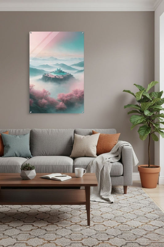 Ein Ort der Ruhe: „Celestial Sanctuary“ zeigt ein magisches Schloss über den Wolken in Rosé & Türkis. Exklusive Fantasy-Kunst für Ihr Zuhause bei Gudekind. Acryl