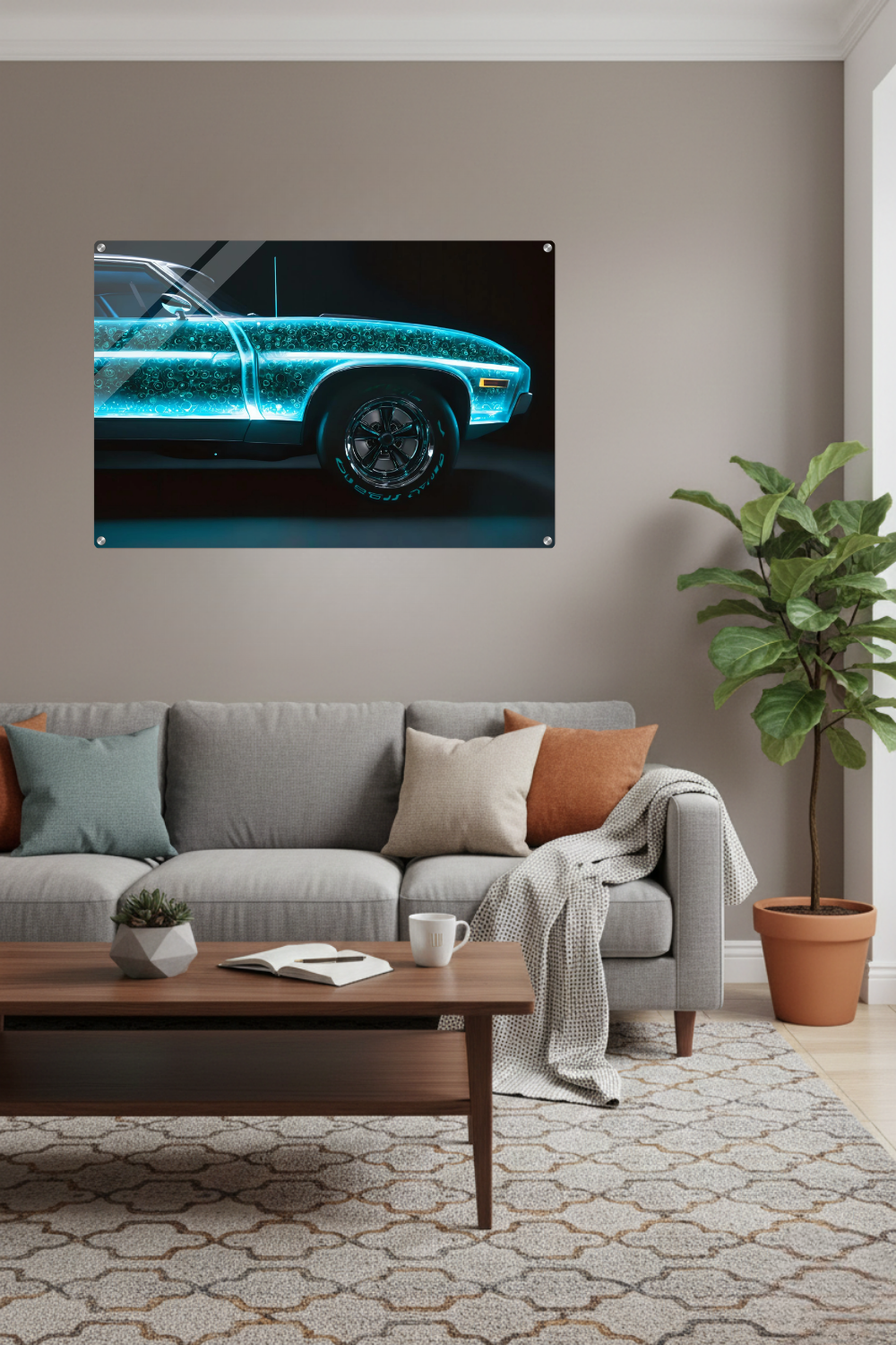 Tradition trifft Zukunft: „Neon Heritage“ zeigt ein klassisches Auto mit leuchtendem High-Tech-Kern. Einzigartiges Design für Technik-Fans bei Gudekind. Acryl