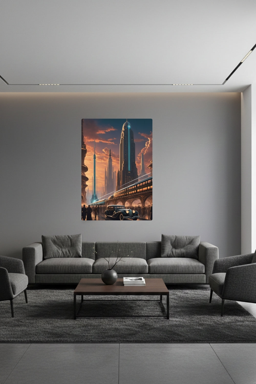 Cineastische Szene einer futuristischen Stadt im Art-Déco-Stil mit einem schwarzen Oldtimer, einem modernen Schnellzug und einer Skyline im goldenen Sonnenuntergang Brushed
