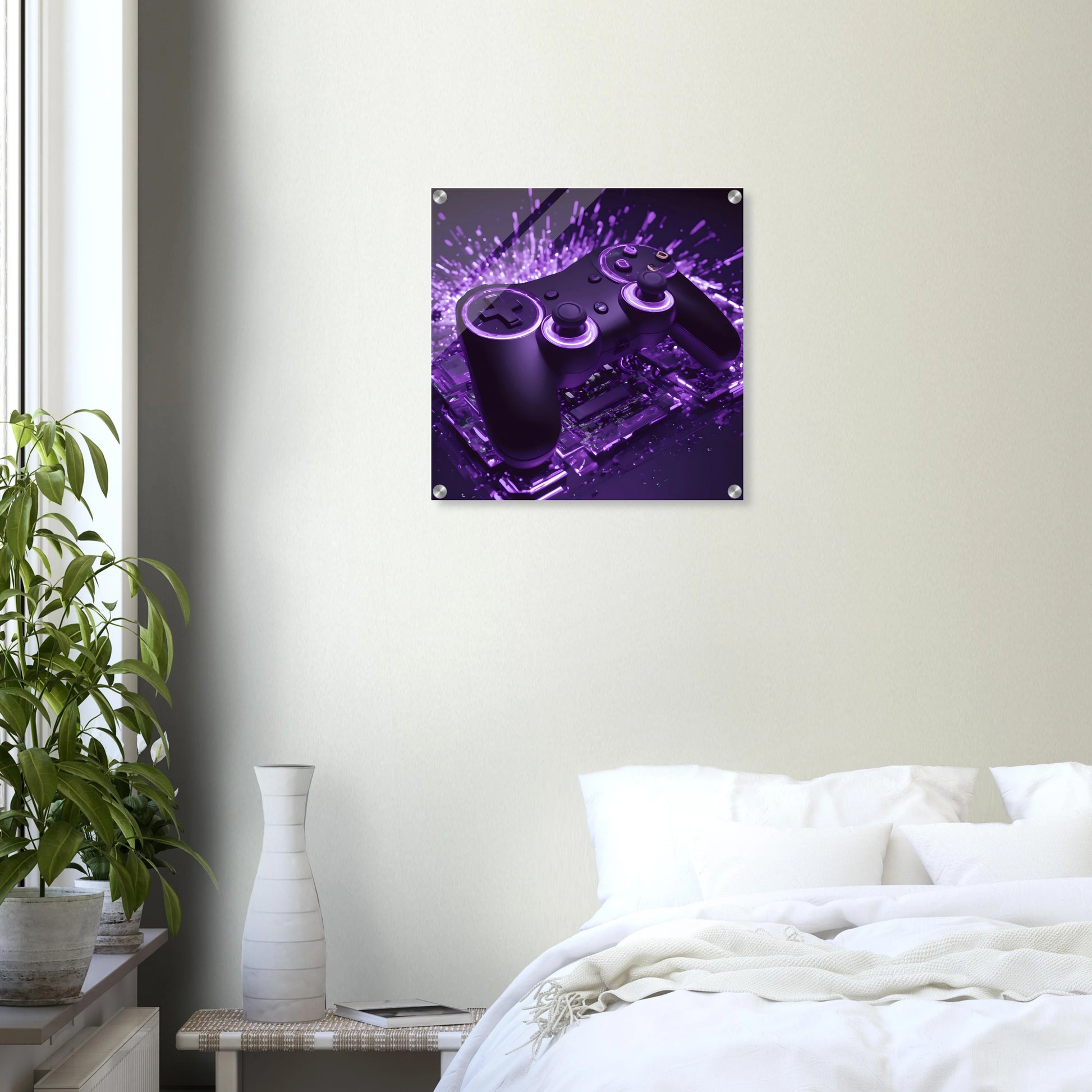 Modernes Gaming-Wandbild mit einem schwarzen Controller, der von violettem Neonlicht und Lichtpartikeln umgeben ist.50x50 cm. Acryl