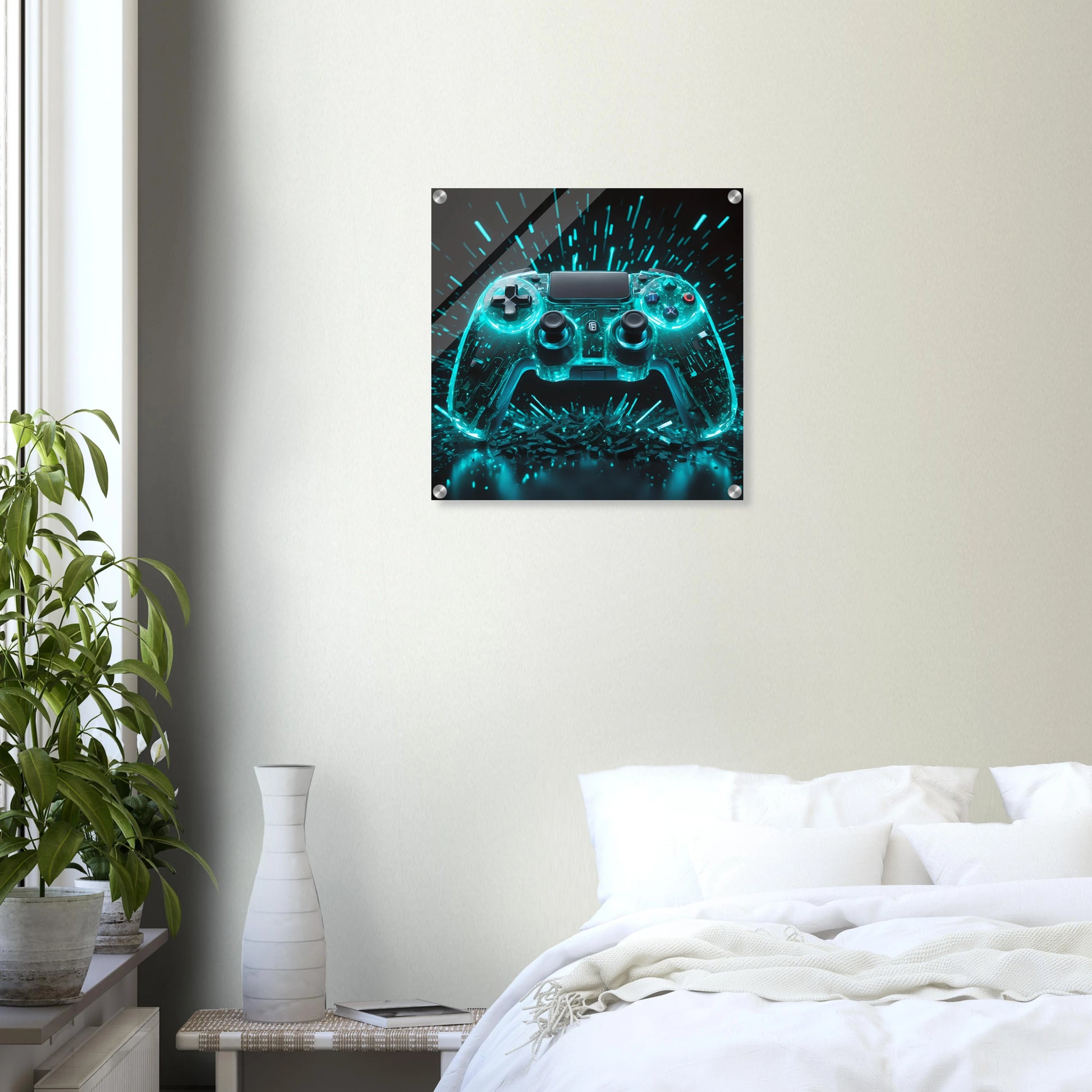 Modernes Wandbild eines transparenten Gaming-Controllers mit leuchtend türkis-cyanfarbenen Schaltkreisen und Licht-Explosion. 50x50 cm. Acryl