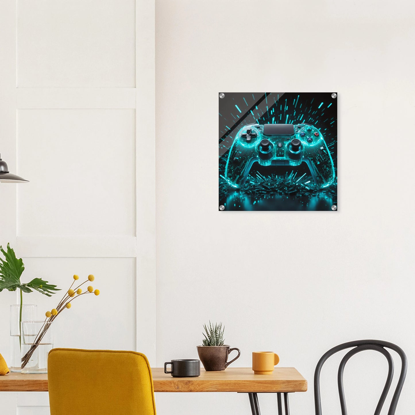Modernes Wandbild eines transparenten Gaming-Controllers mit leuchtend türkis-cyanfarbenen Schaltkreisen und Licht-Explosion. 50x50 cm. Acryl