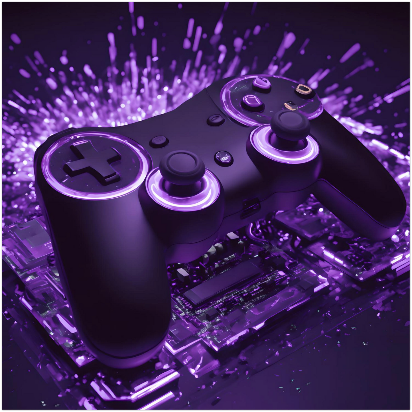 Modernes Gaming-Wandbild mit einem schwarzen Controller, der von violettem Neonlicht und Lichtpartikeln umgeben ist. 50x50 cm. Dibond
