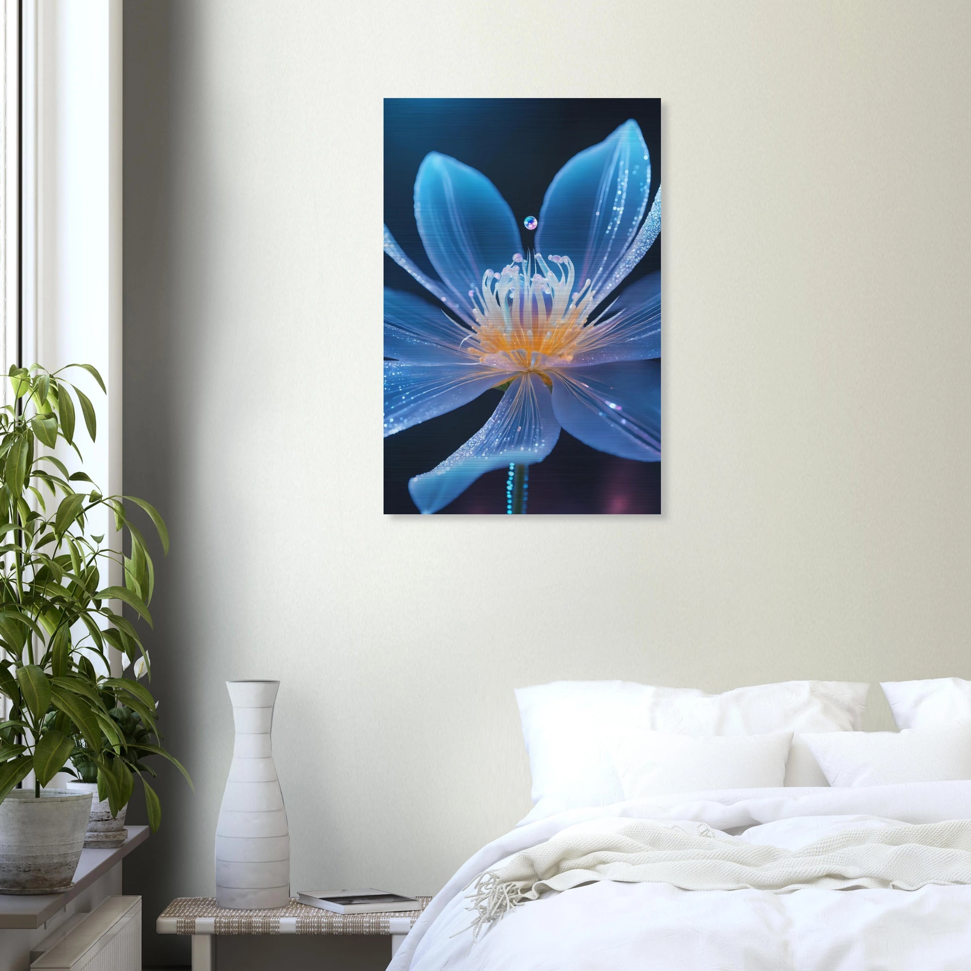Digitales Wandbild einer blau leuchtenden Blüte mit goldenem Kern und schimmernden Lichtpartikeln auf dunklem Grund. 50x75 cm. Brushed